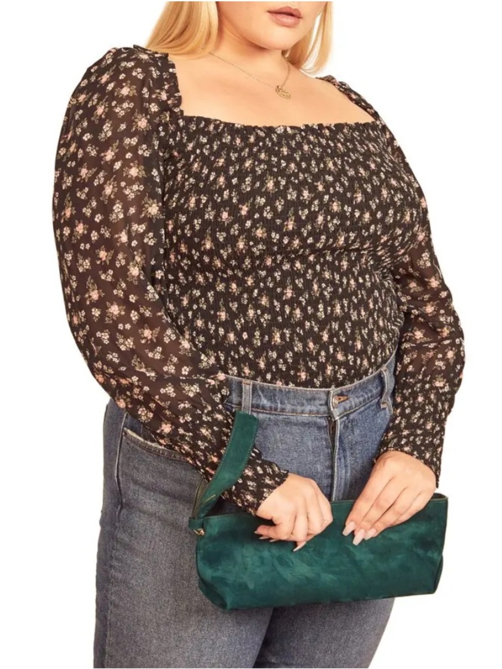 NWT Reformation Pinto Smocked Black Floral Print Square-Neck Top Sz 1X